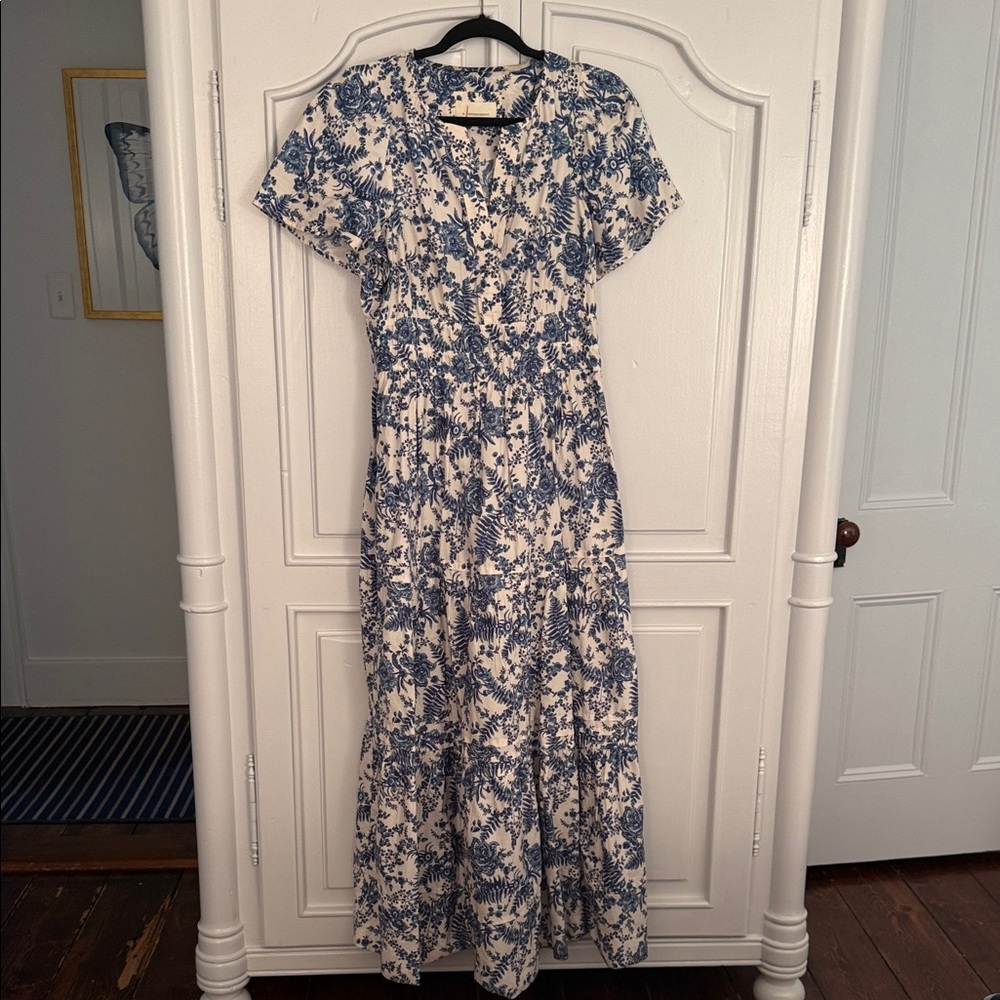 Anthropologie Blue and Cream Floral V-Neck Maxi Dress